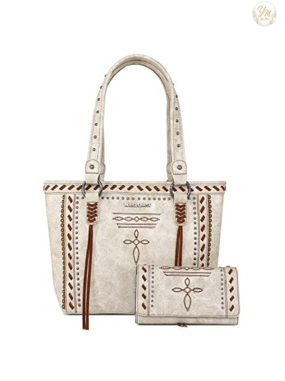Western Vegan Leather Shoulder Tote Bag with Wallet Set Studded Whipstitch